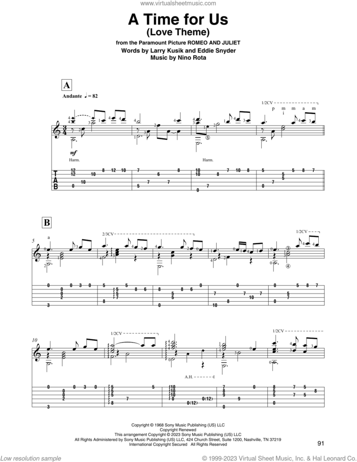A Time For Us (Love Theme) (arr. David Jaggs) sheet music for guitar solo by Nino Rota, Eddie Snyder and Larry Kusik, intermediate skill level