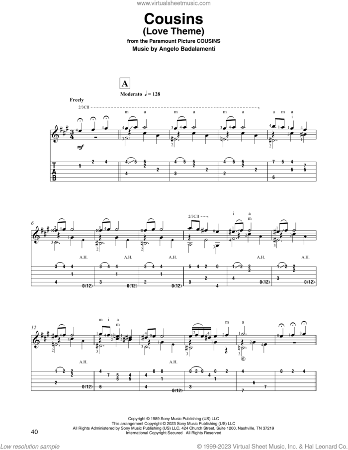 Cousins (Love Theme) (arr. David Jaggs) sheet music for guitar solo by Angelo Badalamenti, intermediate skill level