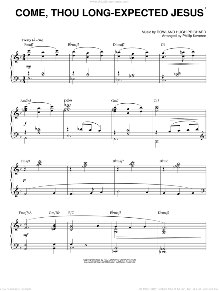 Come, Thou Long-Expected Jesus [Jazz version] (arr. Phillip Keveren) sheet music for piano solo by Charles Wesley, Phillip Keveren and Rowland Prichard, intermediate skill level