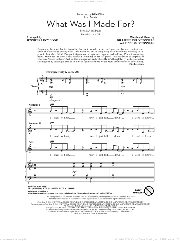 What Was I Made For? (from Barbie) (arr. Jennifer Lucy Cook) sheet music for choir (SSA: soprano, alto) by Billie Eilish and Jennifer Lucy Cook, intermediate skill level