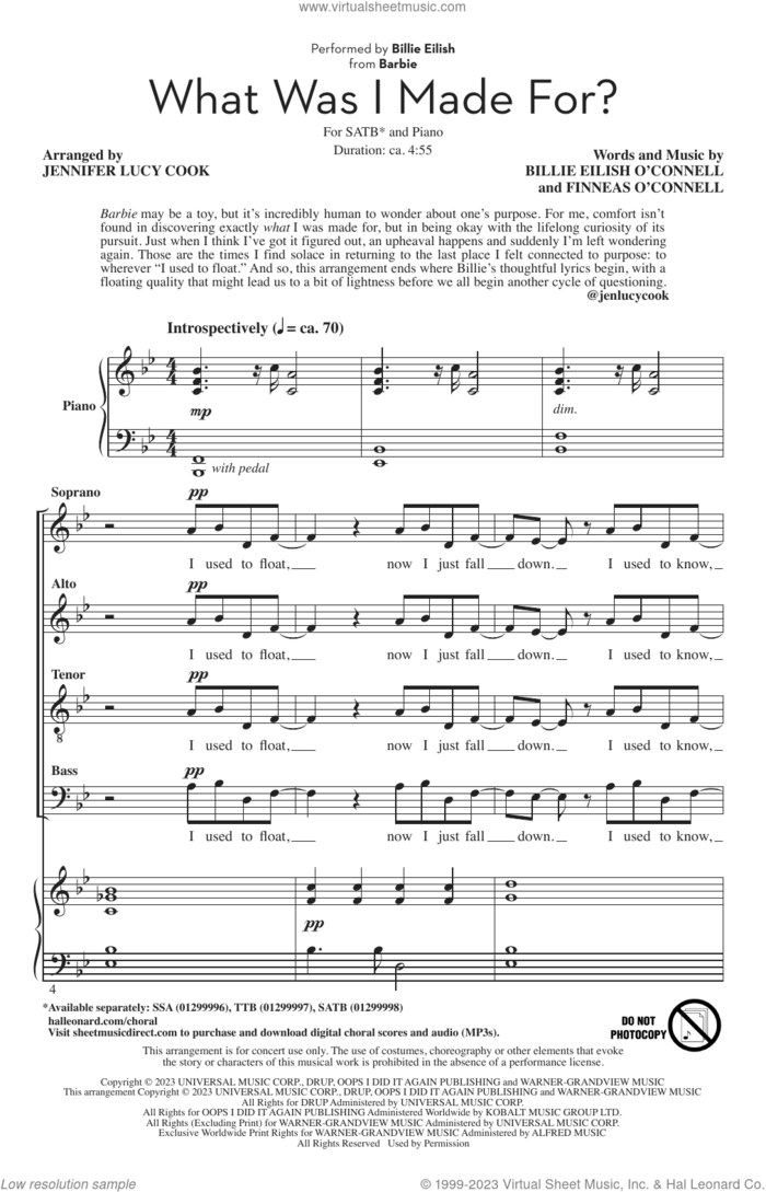 What Was I Made For? (from Barbie) (arr. Jennifer Lucy Cook) sheet music for choir (SATB: soprano, alto, tenor, bass) by Billie Eilish and Jennifer Lucy Cook, intermediate skill level