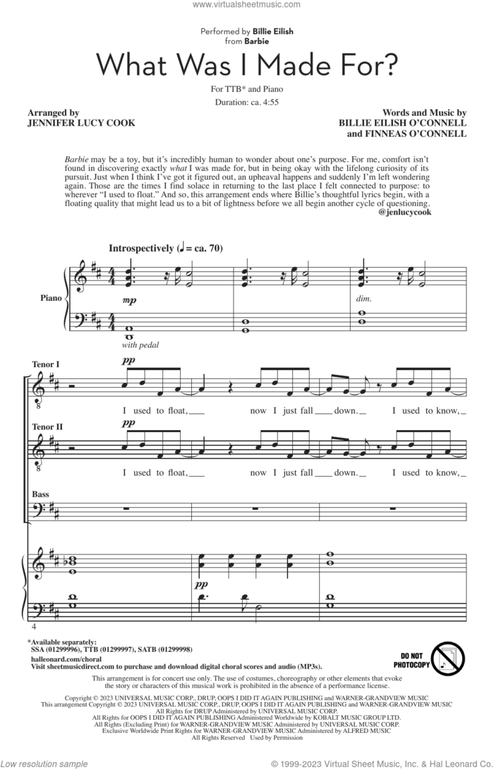 What Was I Made For? (from Barbie) (arr. Jennifer Lucy Cook) sheet music for choir (TTB: tenor, bass) by Billie Eilish and Jennifer Lucy Cook, intermediate skill level