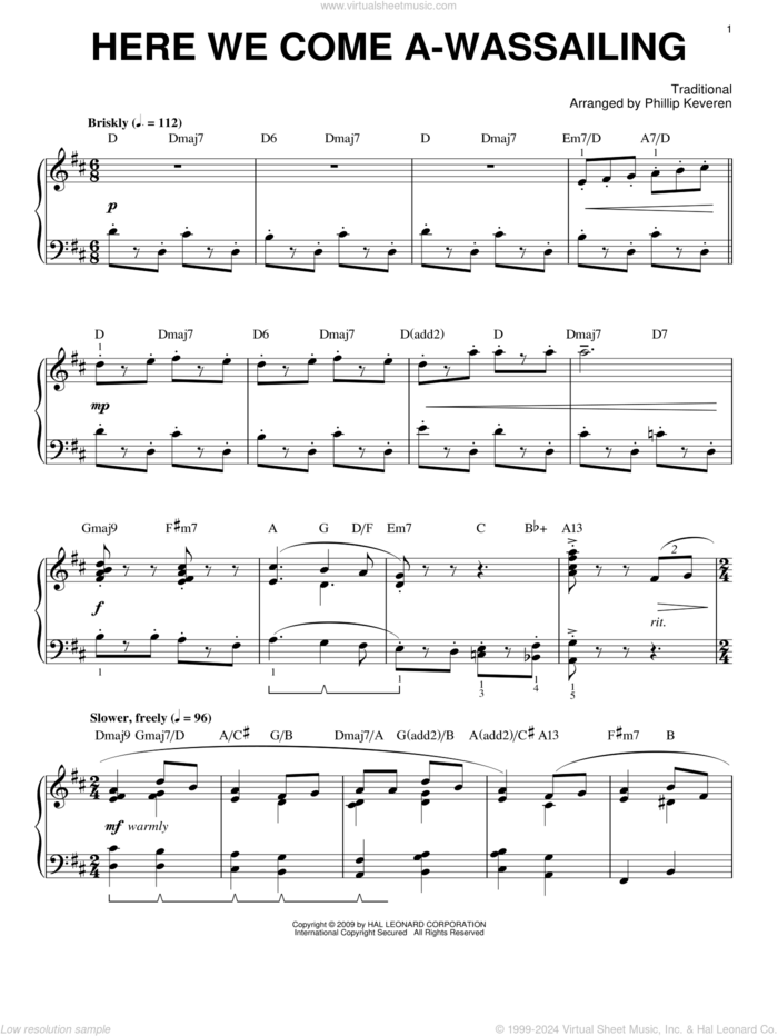 Here We Come A-Wassailing [Jazz version] (arr. Phillip Keveren) sheet music for piano solo  and Phillip Keveren, intermediate skill level