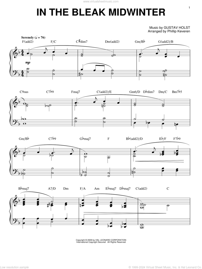 In The Bleak Midwinter [Jazz version] (arr. Phillip Keveren) sheet music for piano solo by Gustav Holst, Phillip Keveren and Christina Rossetti, intermediate skill level