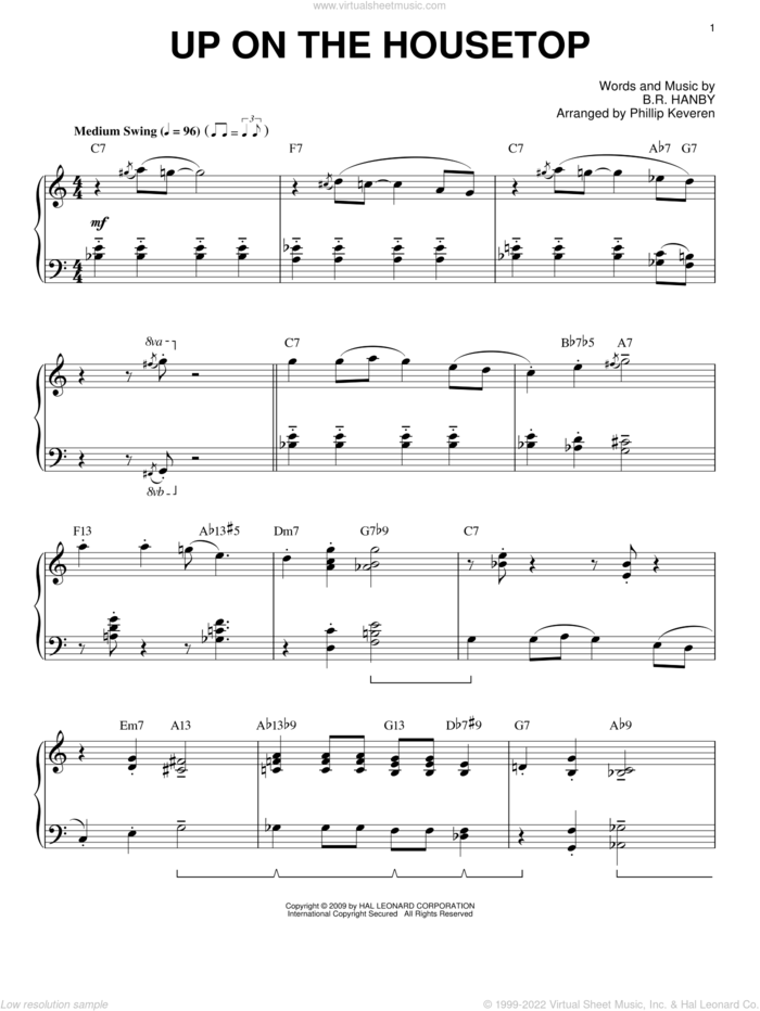 Up On The Housetop [Jazz version] (arr. Phillip Keveren), (intermediate) sheet music for piano solo by Benjamin Hanby and Phillip Keveren, intermediate skill level