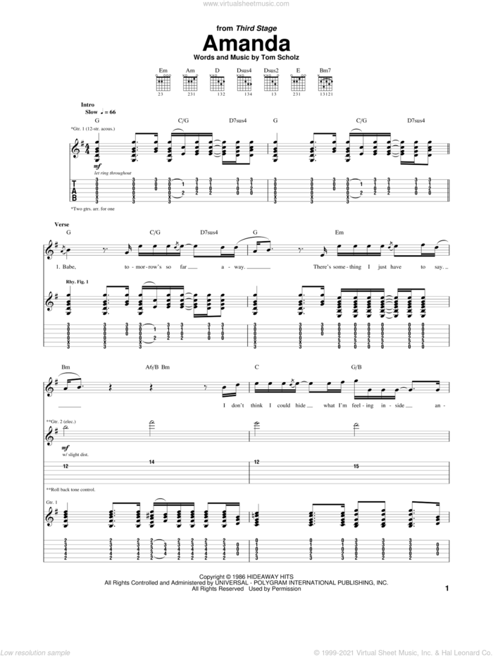 Amanda sheet music for guitar (tablature) by Boston and Tom Scholz, intermediate skill level