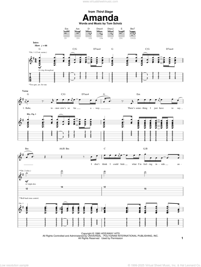 Amanda sheet music for guitar (tablature) by Boston and Tom Scholz, intermediate skill level