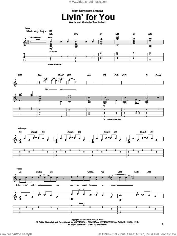 Livin' For You sheet music for guitar (tablature) by Boston and Tom Scholz, intermediate skill level