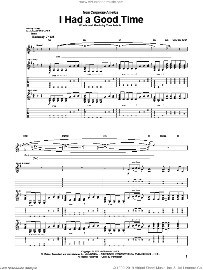 I Had A Good Time sheet music for guitar (tablature) by Boston and Tom Scholz, intermediate skill level