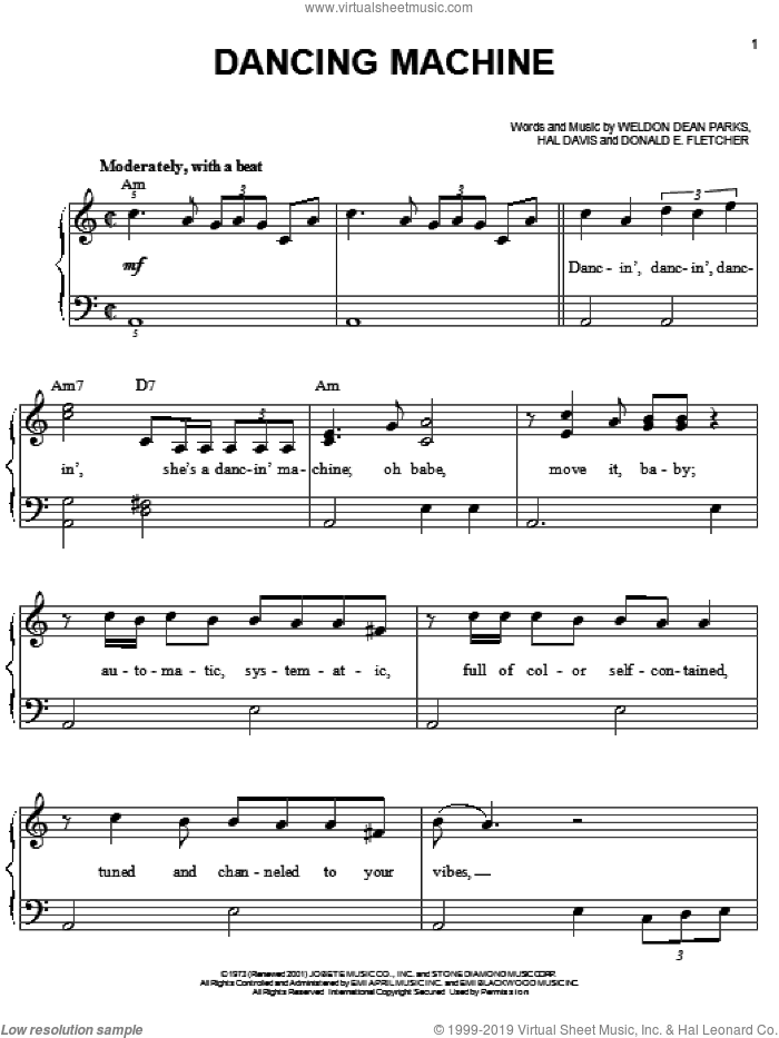Dancing Machine sheet music for piano solo by The Jackson 5, Michael Jackson, Donald E. Fletcher, Hal Davis and Weldon Dean Parks, easy skill level