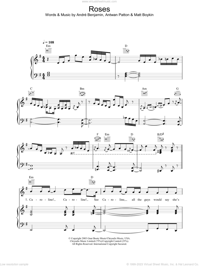 Roses sheet music for voice, piano or guitar by OutKast, intermediate skill level