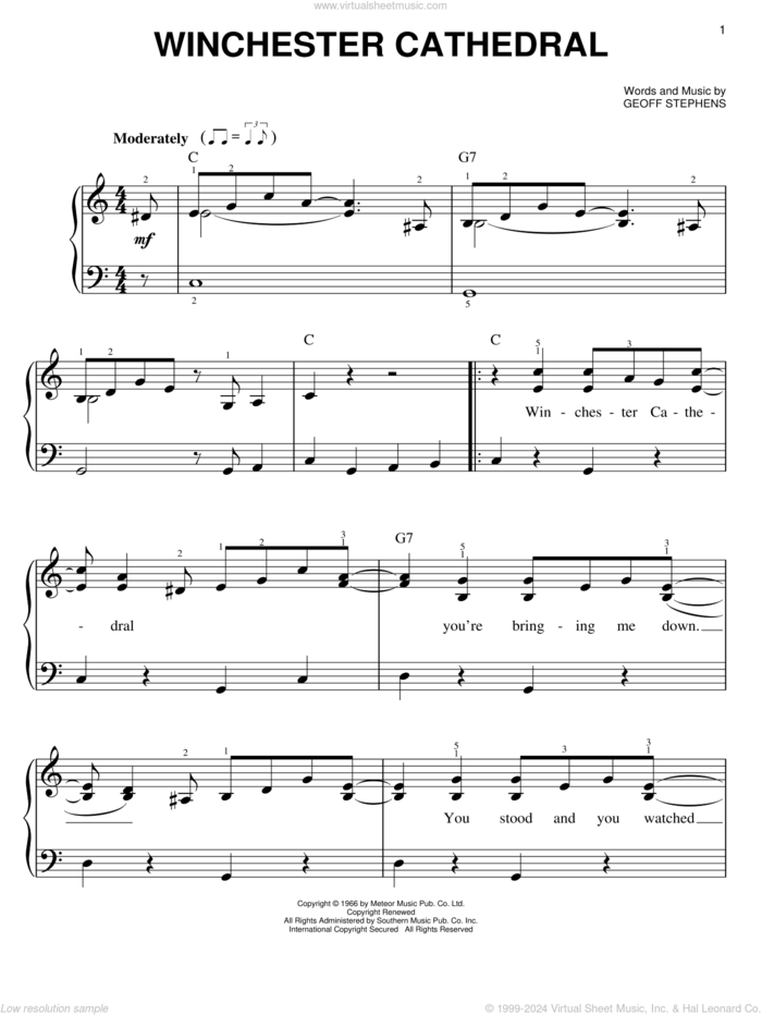 Winchester Cathedral sheet music for piano solo by Geoff Stephens, easy skill level