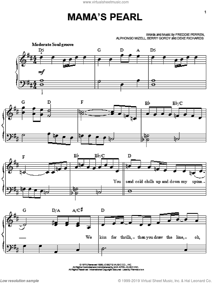 Mama's Pearl sheet music for piano solo by The Jackson 5, Michael Jackson, Berry Gordy, Deke Richards, Fonce Mizell and Frederick Perren, easy skill level