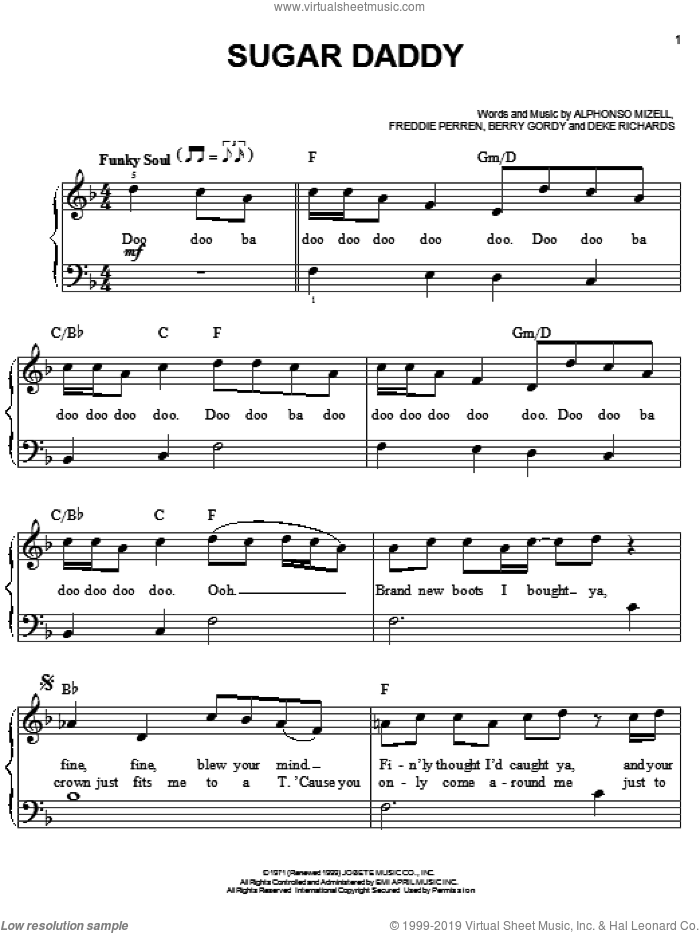 Sugar Daddy sheet music for piano solo by The Jackson 5, Michael Jackson, Alphonso Mizell, Berry Gordy, Deke Richards and Frederick Perren, easy skill level