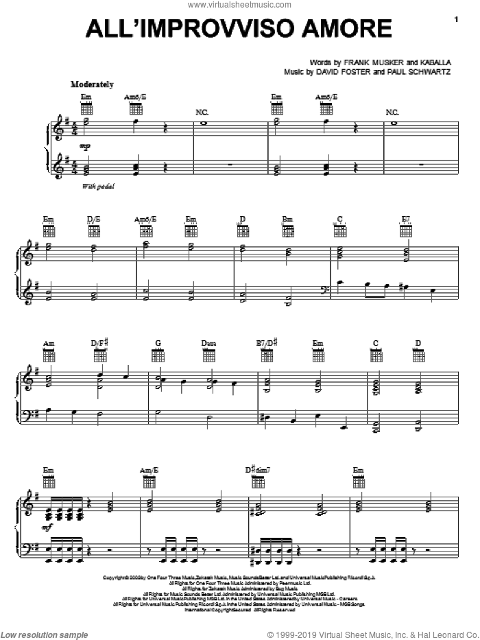 All 'Improvviso Amore sheet music for voice, piano or guitar by Josh Groban, David Foster, Frank Musker, Kaballa and Paul Schwartz, intermediate skill level