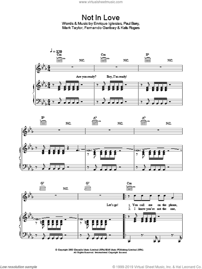 Not In Love sheet music for voice, piano or guitar by Enrique Iglesias, intermediate skill level