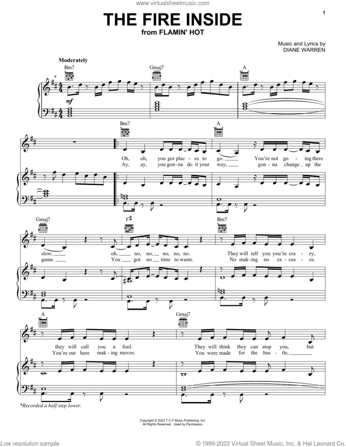 The Fire Inside (from Flamin' Hot) sheet music for voice, piano or guitar by Becky G and Diane Warren, intermediate skill level