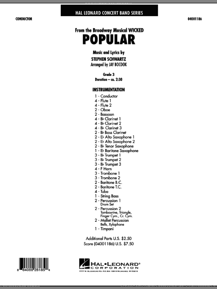 Popular (from 'Wicked') (COMPLETE) sheet music for concert band by Stephen Schwartz and Jay Bocook, intermediate skill level