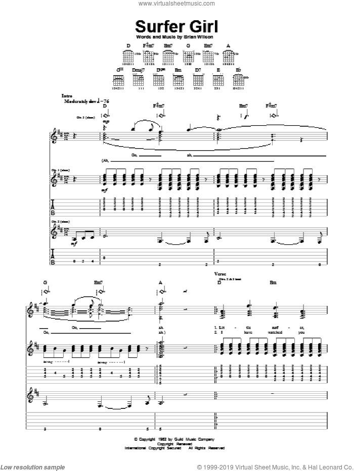 Surfer Girl sheet music for guitar (tablature) by The Beach Boys and Brian Wilson, intermediate skill level