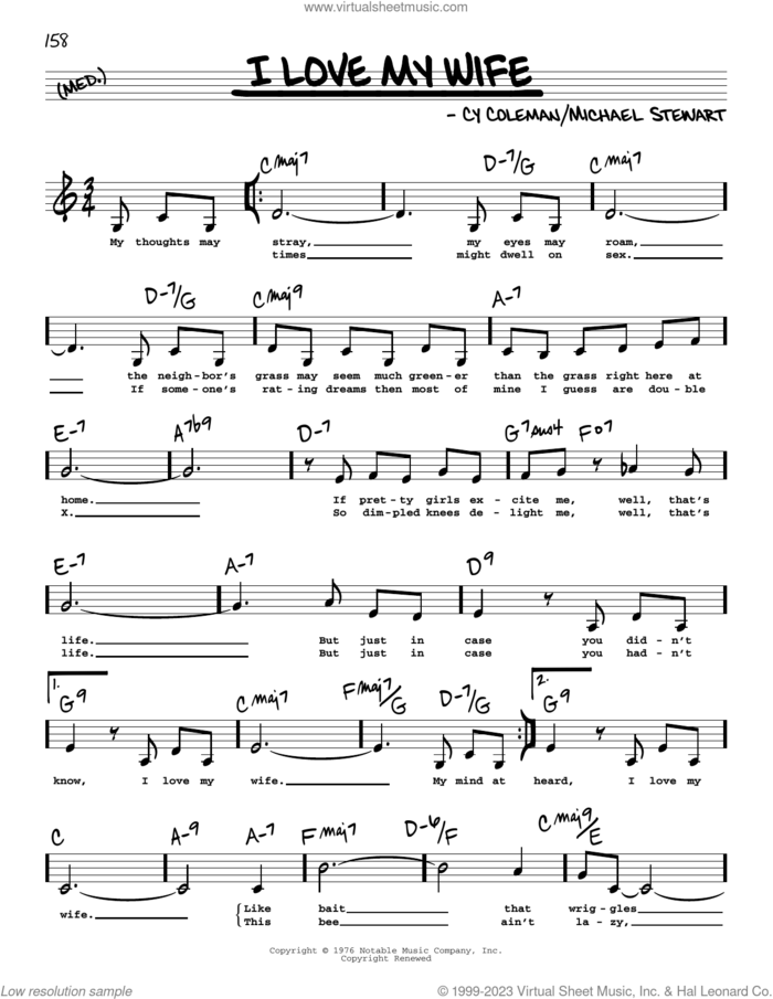 I Love My Wife (Low Voice) sheet music for voice and other instruments (low voice) by Michael Stewart and Cy Coleman, intermediate skill level