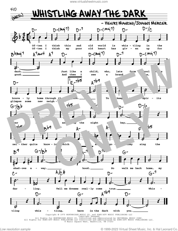Whistling Away The Dark (Low Voice) sheet music for voice and other instruments (low voice) by Johnny Mercer and Henry Mancini, intermediate skill level
