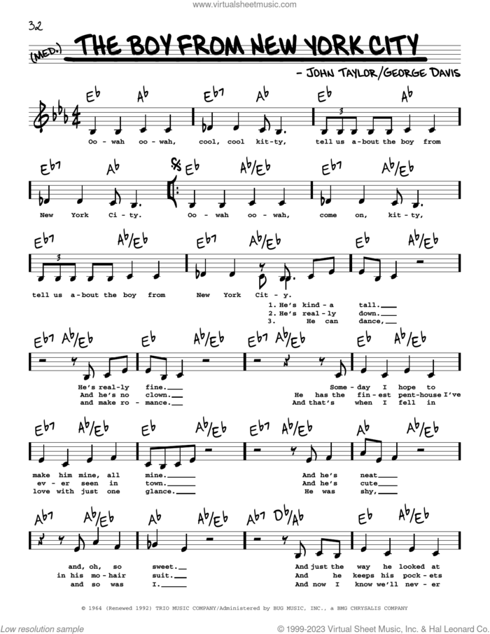 The Boy From New York City (Low Voice) sheet music for voice and other instruments (low voice) by Manhattan Transfer, Ad Libs, George Davis and John Taylor, intermediate skill level