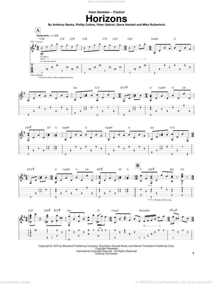 Horizons sheet music for guitar (tablature) by Genesis, Anthony Banks, Mike Rutherford, Peter Gabriel, Phil Collins and Steve Hackett, intermediate skill level