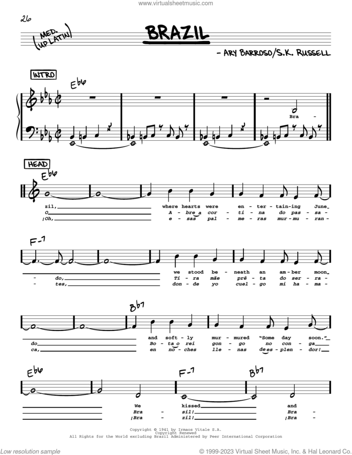 Brazil (Low Voice) sheet music for voice and other instruments (low voice) by The Ritchie Family, Ary Barroso and S.K. Russell, intermediate skill level