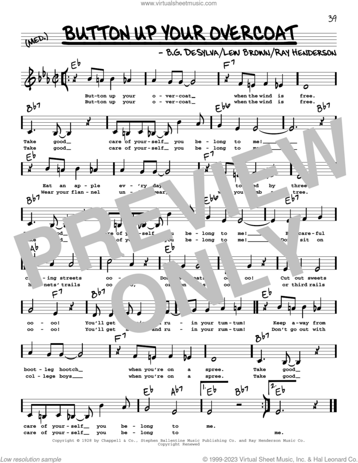 Button Up Your Overcoat (Low Voice) sheet music for voice and other instruments (low voice) by Buddy DeSylva, Lew Brown and Ray Henderson, intermediate skill level