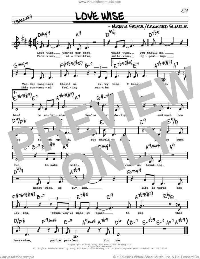 Love Wise (Low Voice) sheet music for voice and other instruments (low voice) by Marvin Fisher and Kenward Elmslie, intermediate skill level