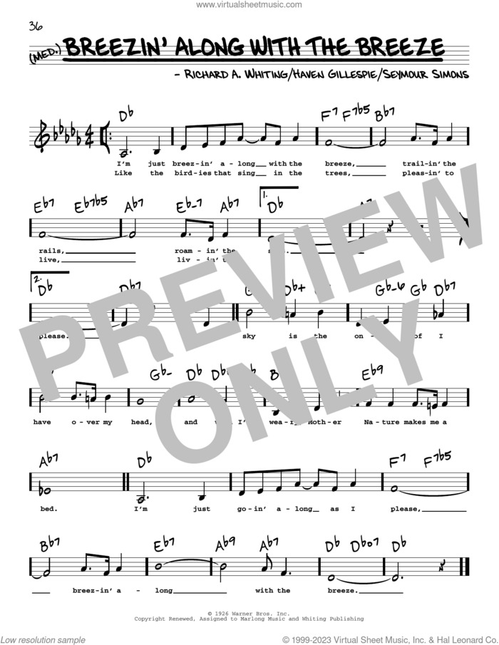 Breezin' Along With The Breeze (Low Voice) sheet music for voice and other instruments (low voice) by Haven Gillespie, Richard A. Whiting and Seymour Simons, intermediate skill level