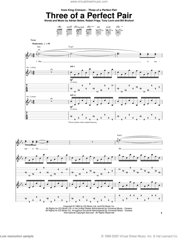 Three Of A Perfect Pair sheet music for guitar (tablature) by King Crimson, Adrian Belew, Bill Bruford, Robert Fripp and Tony Levin, intermediate skill level