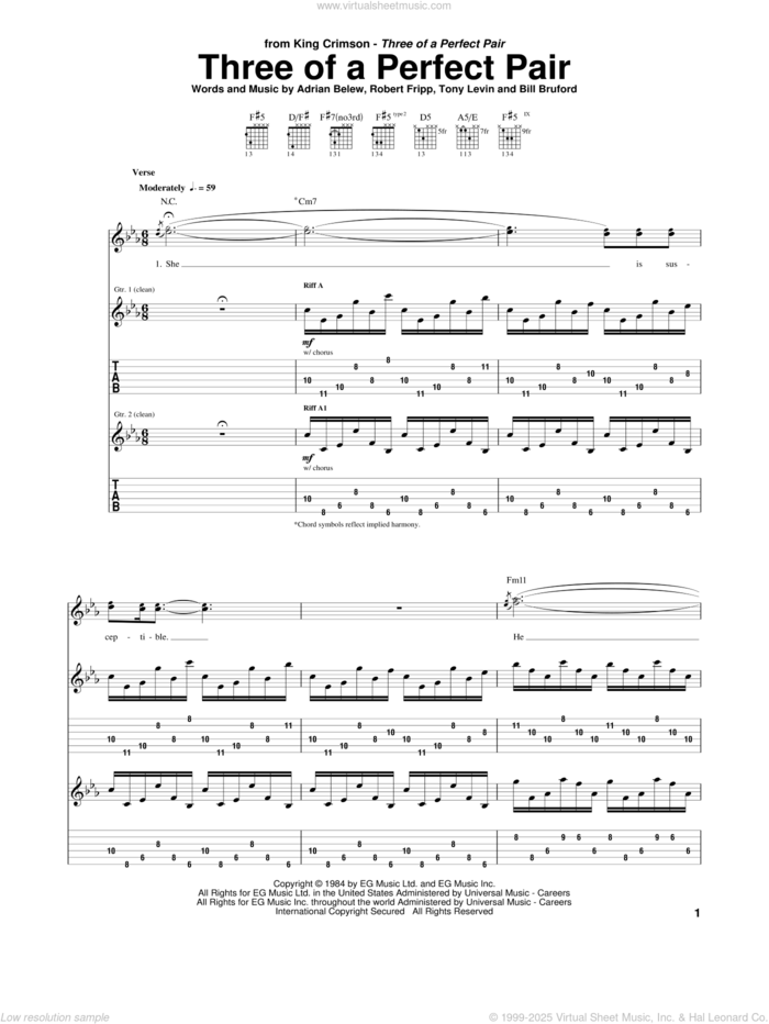 Three Of A Perfect Pair sheet music for guitar (tablature) by King Crimson, Adrian Belew, Bill Bruford, Robert Fripp and Tony Levin, intermediate skill level