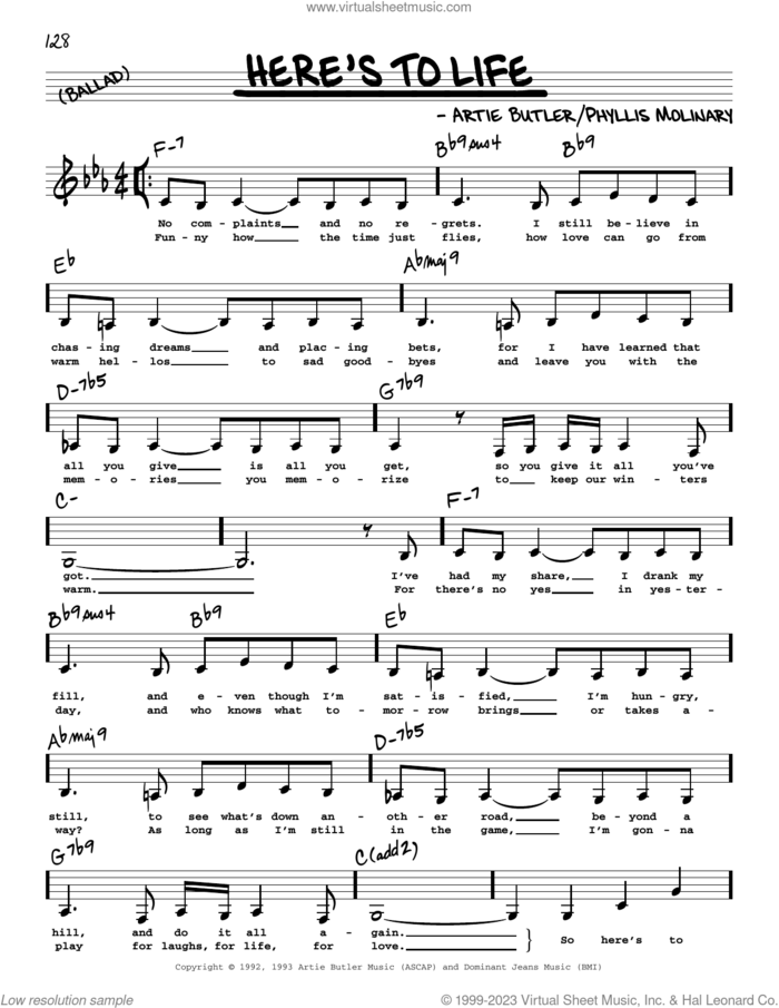 Here's To Life (Low Voice) sheet music for voice and other instruments (low voice) by Shirley Horn, Artie Butler and Phyllis Molinary, intermediate skill level