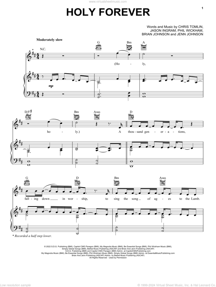 Holy Forever sheet music for voice, piano or guitar by Chris Tomlin, Brian Johnson, Jason Ingram, Jenn Johnson and Phil Wickham, intermediate skill level