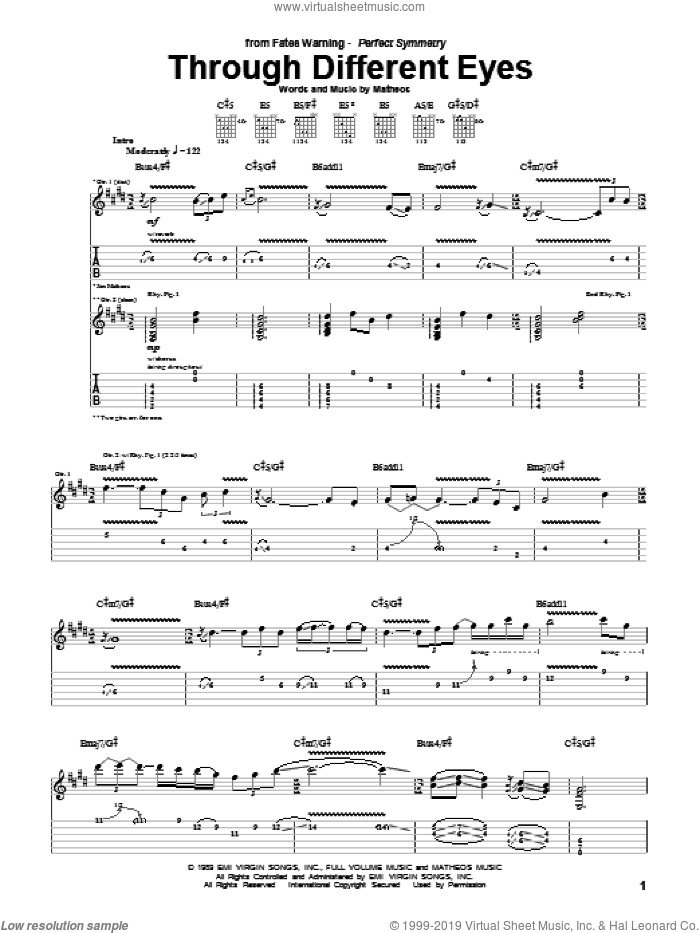 Through Different Eyes sheet music for guitar (tablature) by Fates Warning and Jim Matheos, intermediate skill level
