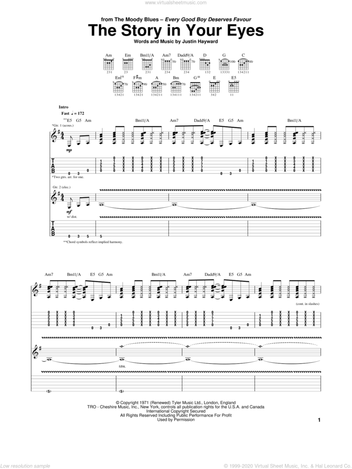 The Story In Your Eyes sheet music for guitar (tablature) by The Moody Blues and Justin Hayward, intermediate skill level