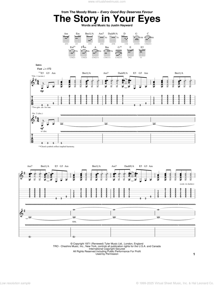 The Story In Your Eyes sheet music for guitar (tablature) by The Moody Blues and Justin Hayward, intermediate skill level