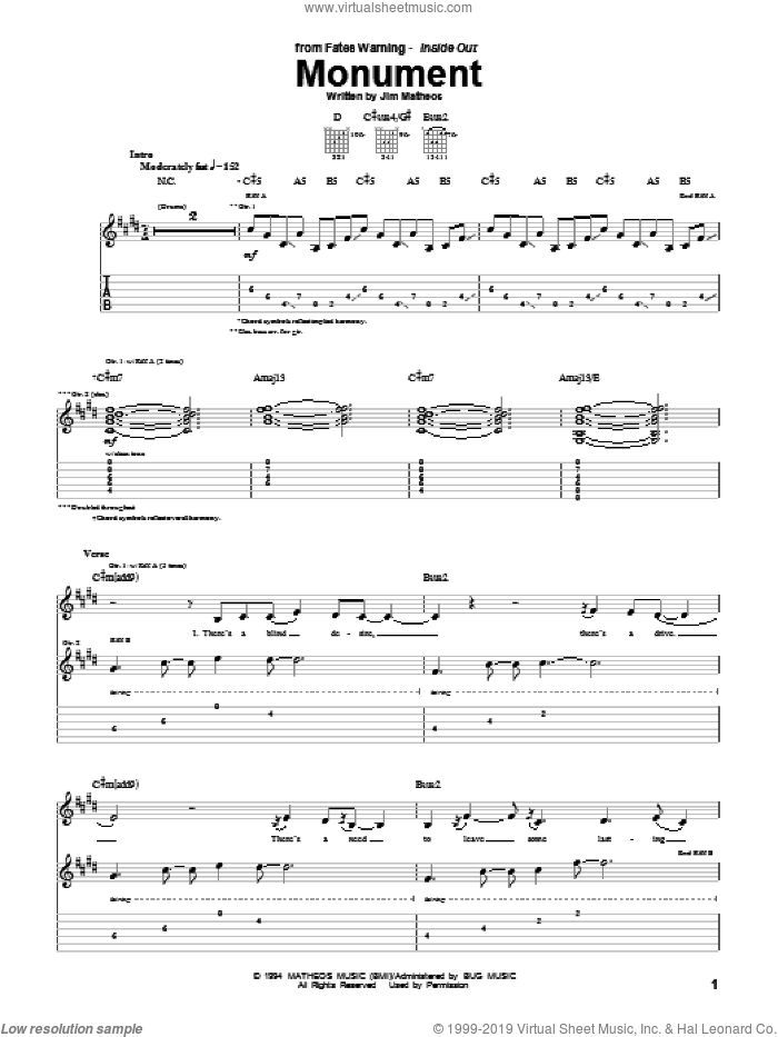 Monument sheet music for guitar (tablature) by Fates Warning and Jim Matheos, intermediate skill level