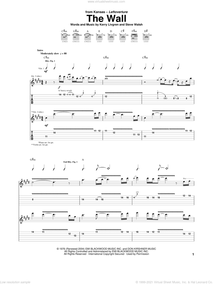 The Wall sheet music for guitar (tablature) by Kansas, Kerry Livgren and Steve Walsh, intermediate skill level