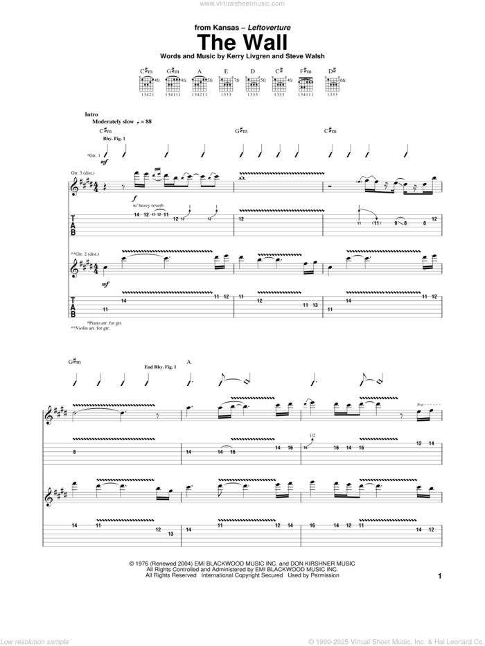 The Wall sheet music for guitar (tablature) by Kansas, Kerry Livgren and Steve Walsh, intermediate skill level