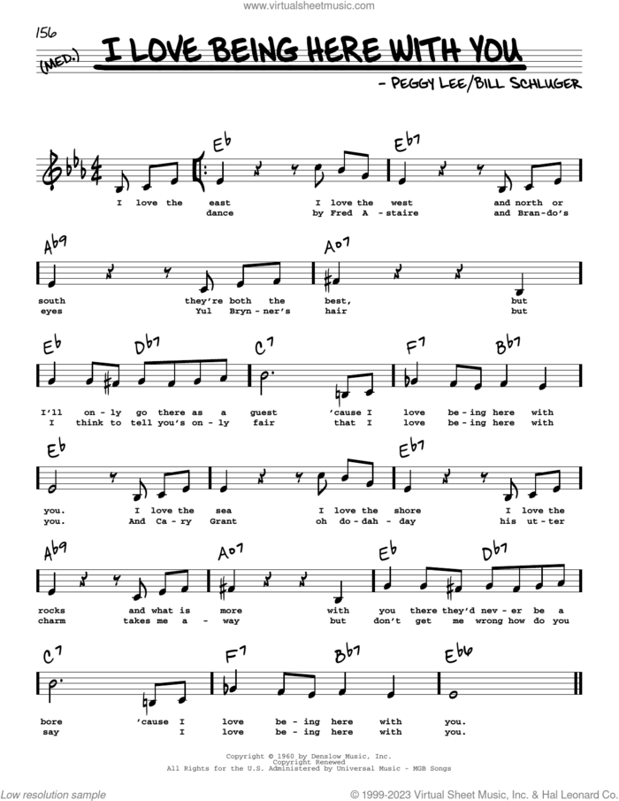 I Love Being Here With You (Low Voice) sheet music for voice and other instruments (low voice) by Peggy Lee and Bill Schluger, intermediate skill level
