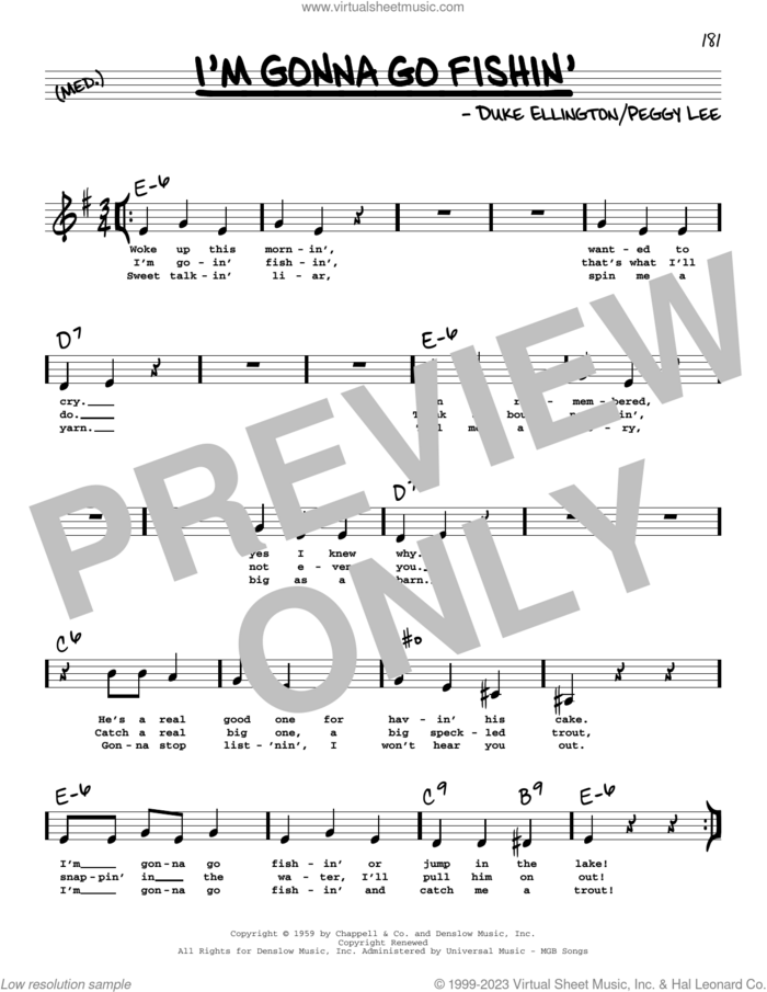 I'm Gonna Go Fishin' (Low Voice) sheet music for voice and other instruments (low voice) by Peggy Lee and Duke Ellington, intermediate skill level