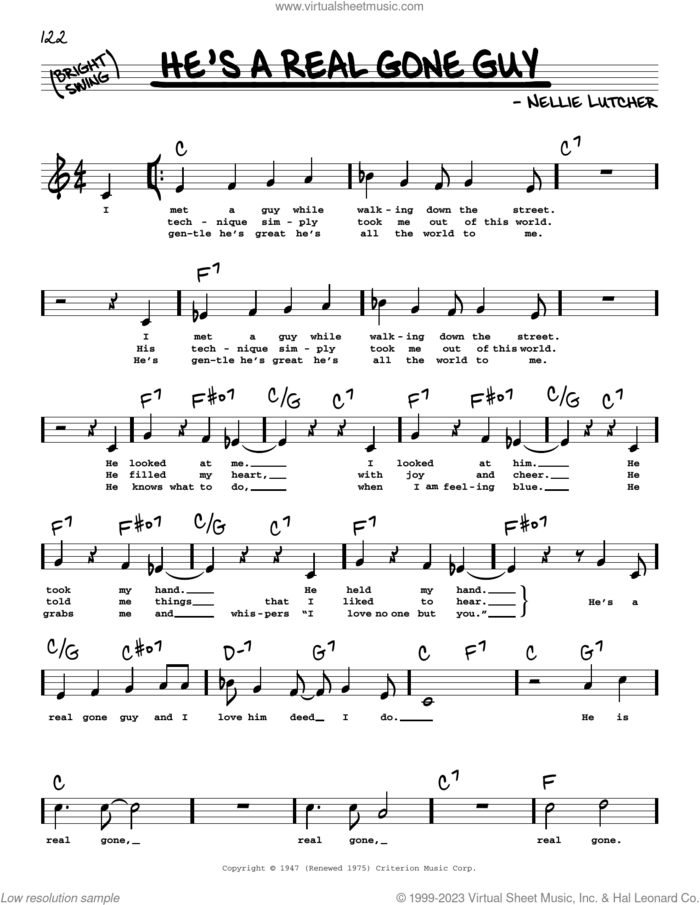 He's A Real Gone Guy (Low Voice) sheet music for voice and other instruments (low voice) by Nellie Lutcher, intermediate skill level