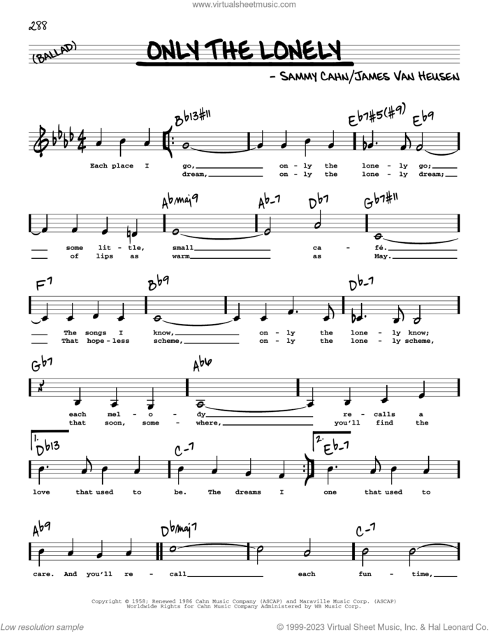 Only The Lonely (Low Voice) sheet music for voice and other instruments (low voice) by Sammy Cahn and Jimmy van Heusen, intermediate skill level