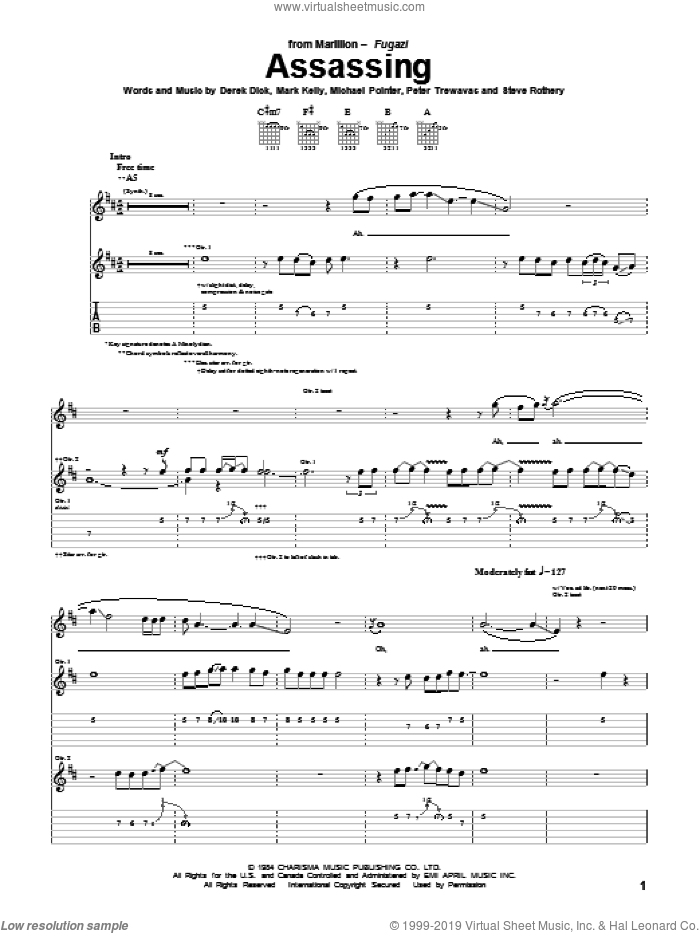 Assassing sheet music for guitar (tablature) by Marillion, Derek Dick, Mark Kelly, Michael Pointer, Peter Trewavas and Steve Rothery, intermediate skill level