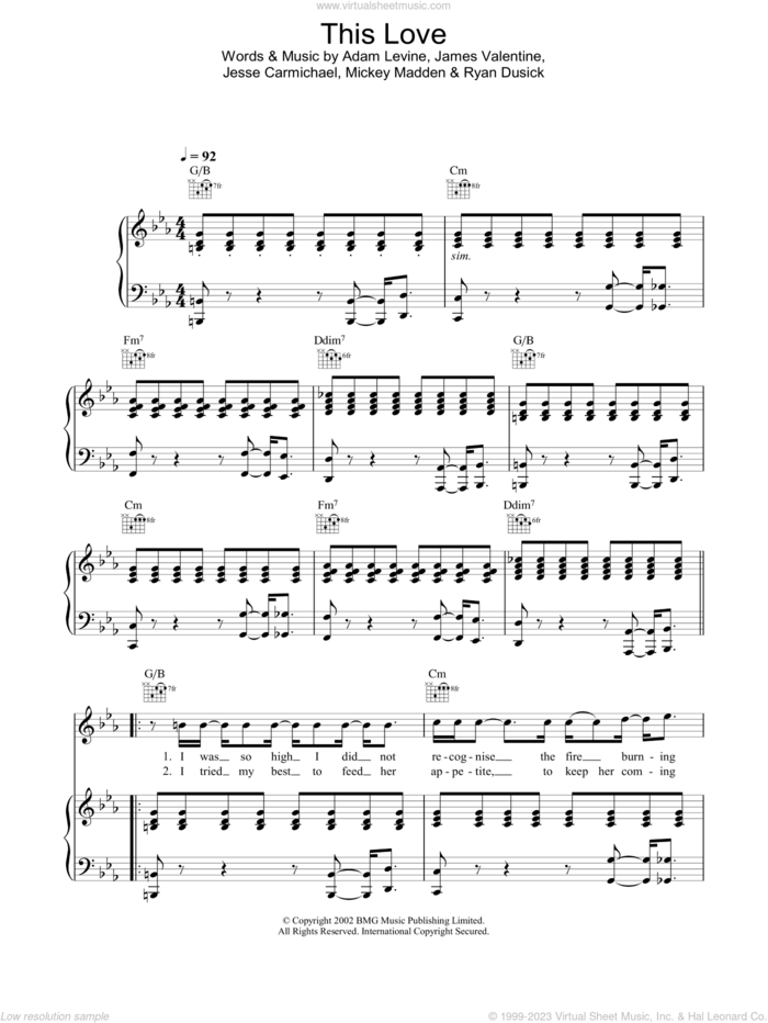 This Love sheet music for voice, piano or guitar by Maroon 5, intermediate skill level