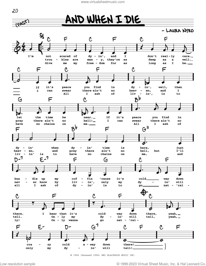 And When I Die (Low Voice) sheet music for voice and other instruments (low voice) by Blood, Sweat & Tears, Peter, Paul & Mary and Laura Nyro, intermediate skill level