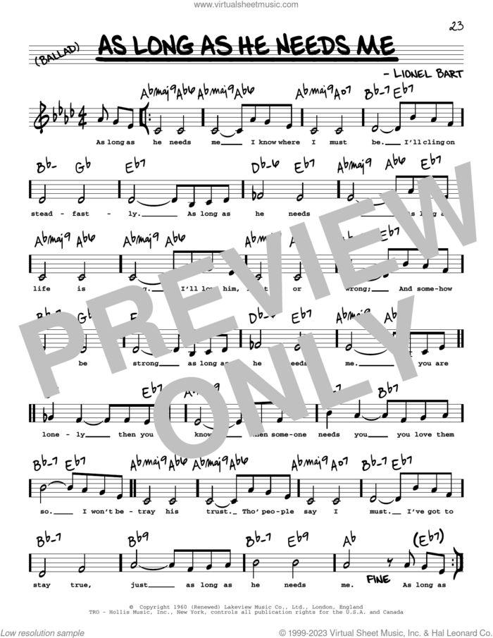 As Long As He Needs Me (Low Voice) sheet music for voice and other instruments (low voice) by Lionel Bart, intermediate skill level