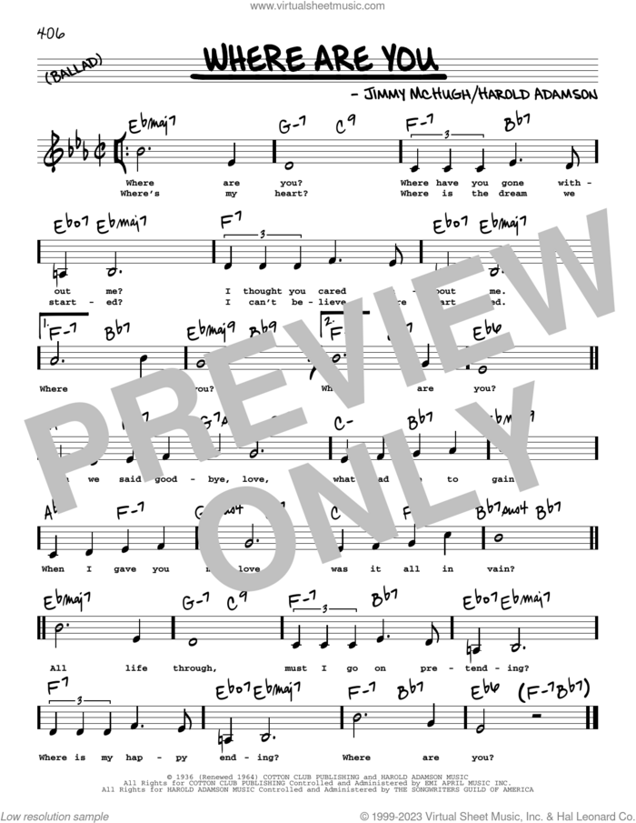 Where Are You (Low Voice) sheet music for voice and other instruments (low voice) by Frank Sinatra, Vikki Carr, Harold Adamson and Jimmy McHugh, intermediate skill level